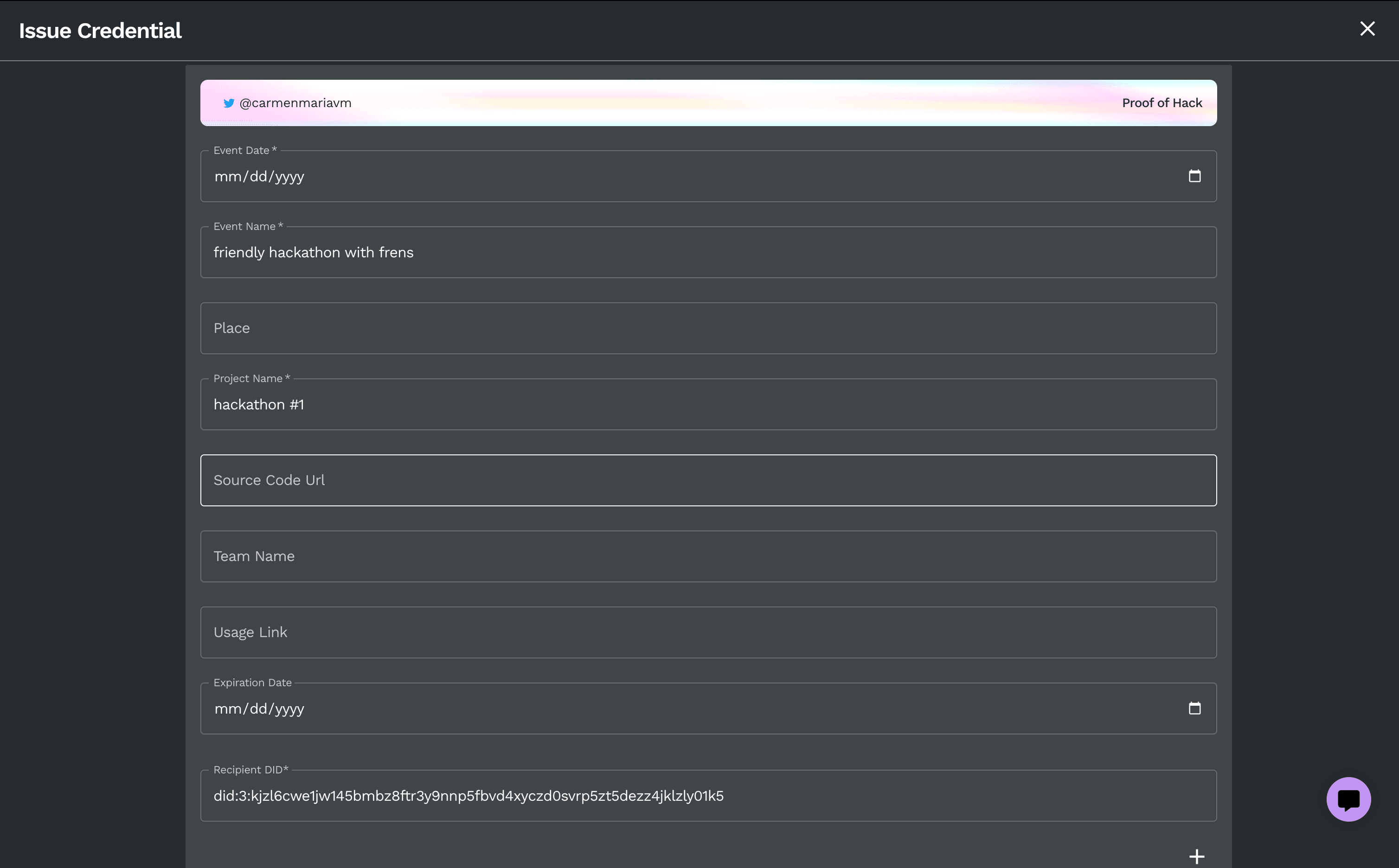 Customize fields like Event Name, Date, Place, Project Name, and add URLs. Then, get creative by changing the appearance of the credentials with your brand colors or otherwise.