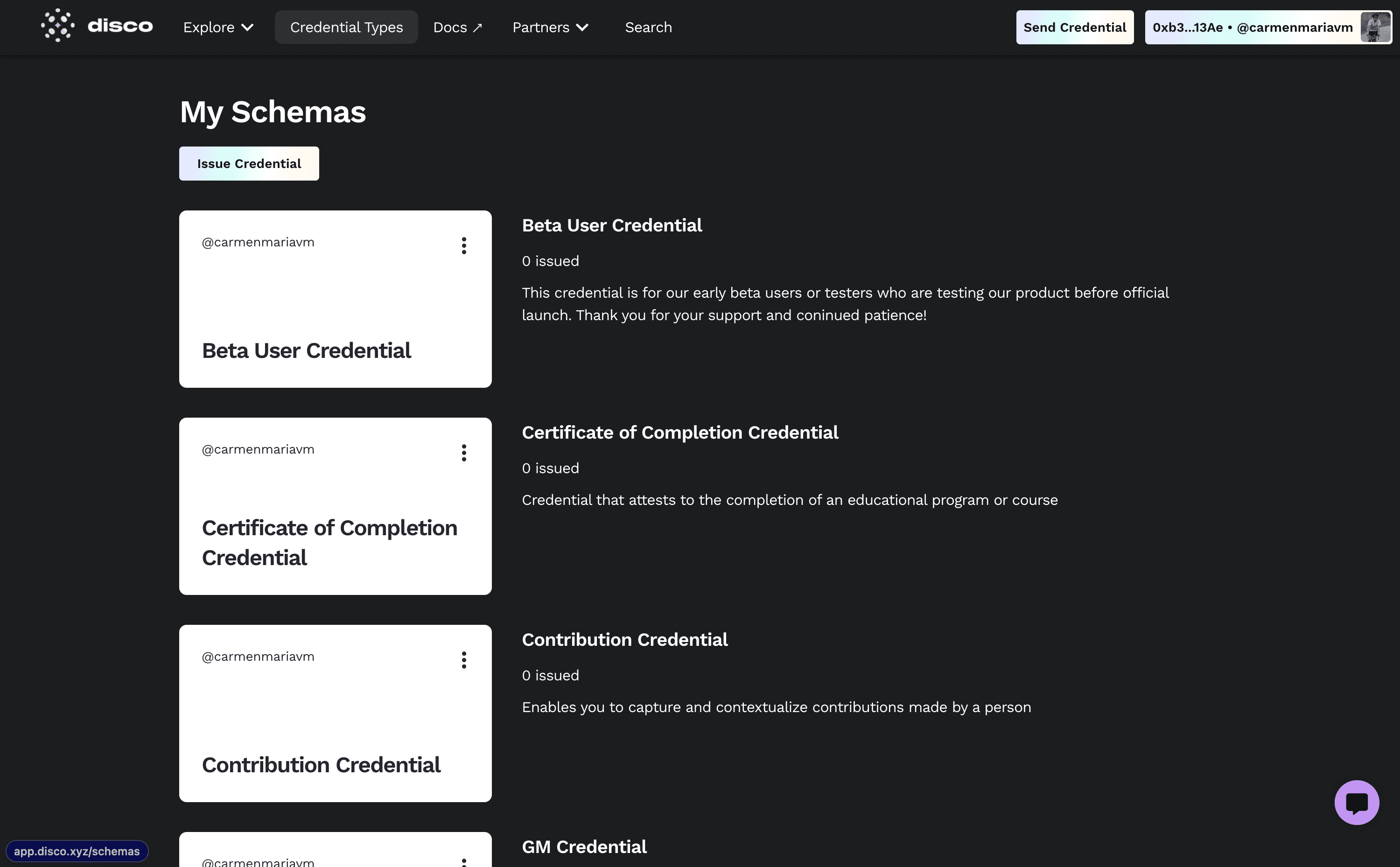 Once you’re connected, navigate to 'Credential Types' > Issue Credential > Select a credential to issue–a 'Proof of Hack' credential, for example, can recognize recipient participation at a hackathon–then select the one that best suits the needs of your event. 